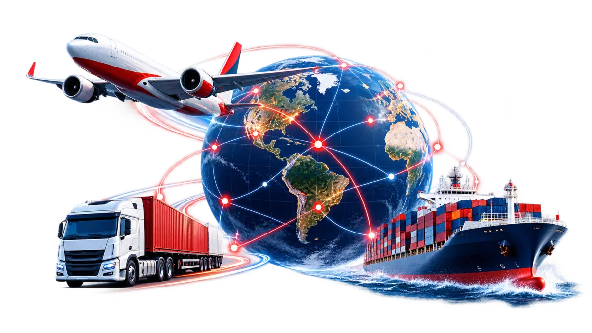 Illustration of air, sea and road freight connected around a global network