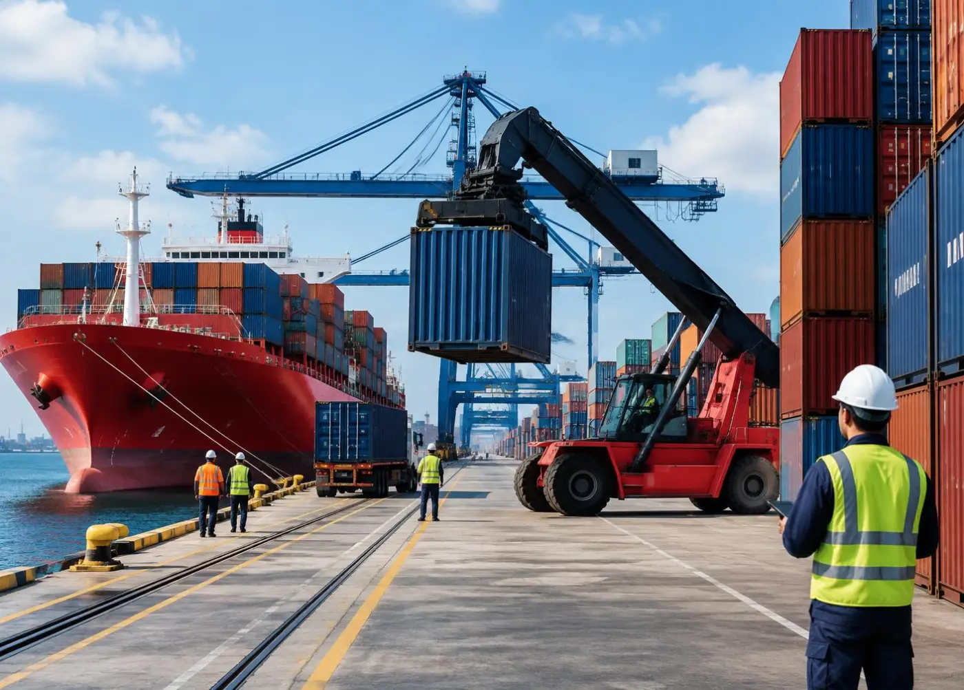 Road freight operation beside stacked shipping containers